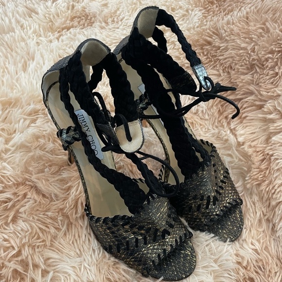 JIMMY CHOO | Black & Gold Snake Skin Print Suede Peep Toe Lace Up Heels | 39.5 9 - Picture 4 of 13